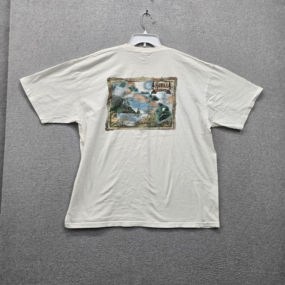VINTAGE Hawaii Men Shirt 2X White Graphic Hawaii Scenery Logo Short Sleeve Y2K